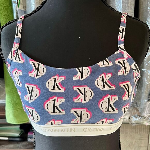 NWT Calvin Klein Women’s Logo Blue & White Unlined Sports Bralette - Size M - Picture 2 of 5